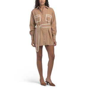 WHITE CLOSET Brown Long Sleeve Contrast Trim Mini Dress With Belt